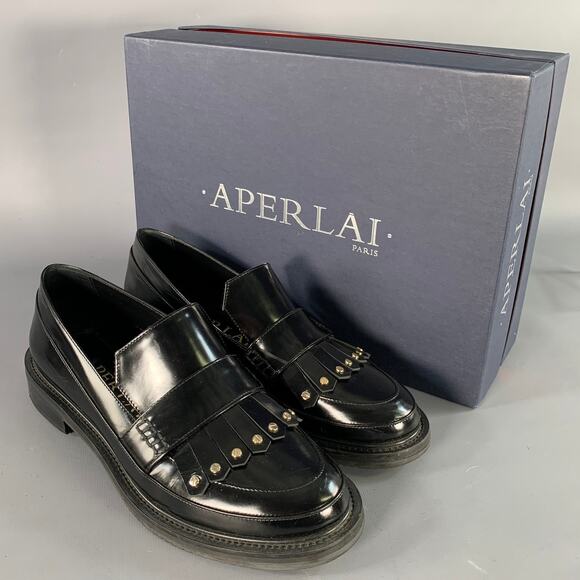 APERLAI Size 7.5 Black Silver Studded Patent Leather Fringed Moccasin Flats - Picture 12 of 14
